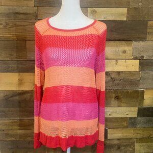 525 America Womens Red Orange Pink Stripe Open Knit Sweater Size Large